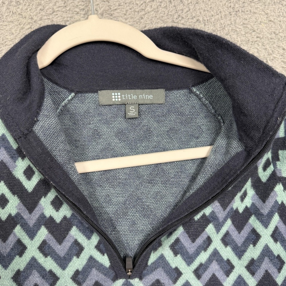 Title Nine Sweater Womens Small Blue Geometric 1/4 Zip Mock Neck Merino Wool - Picture 5 of 16